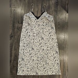 Womens L Chic Black Cream Spotted Midi Spaghetti Strap‎ Lingerie Slip Dress Lace